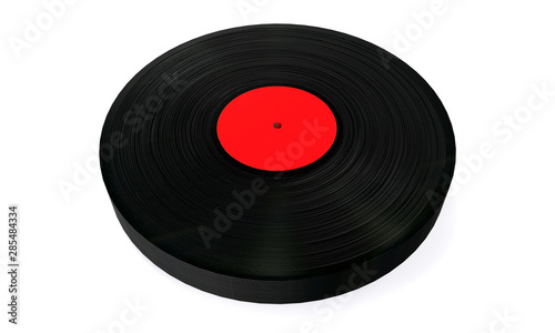 Black Vinyl Record with White Blank Label on a white background. 3d Rendering