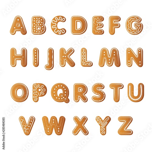 Ginger cookies alphabet. Xmas letters covered by icing sugar. Christmas concept. Realistic vector illustration can be used for topics like food, gingerbread, biscuit