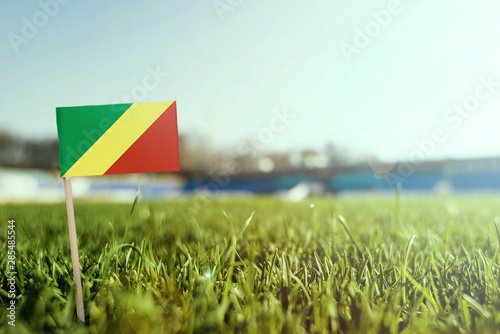 Miniature stick Republic Of The Congo flag on green grass, close up sunny field. Stadium background, copy space for text.