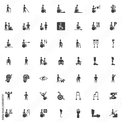 Disabled vector icons set, modern solid symbol collection, filled style pictogram pack. Signs, logo illustration. Set includes icons as disabled man with walker, handicapped patient, wheelchair ramp