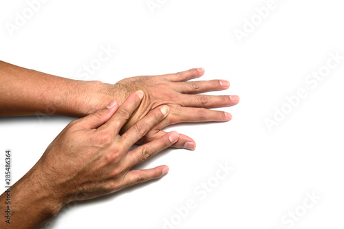 Skin elasticity check. the right hand  push the skin on the back of left hand