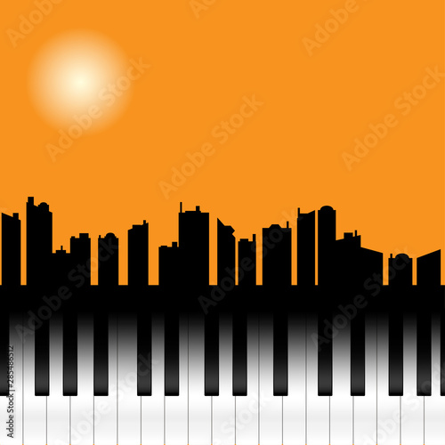 Night city Silhouette with Moon on The Piano keyboard , happy halloween concept