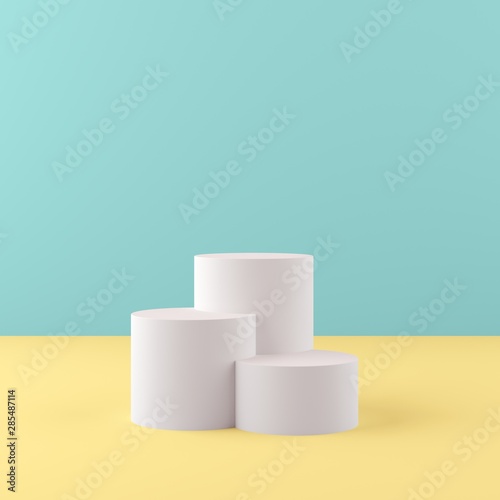 3d rendering geometry shapes mock up scene minimal concept, white podium with green and yellow background for product or perfume