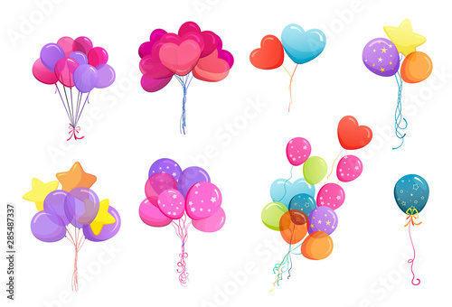 Balloon bunches vector illustrations set. Colorful birthday helium balloons design elements collection. Isolated flat vector illustration on white background.