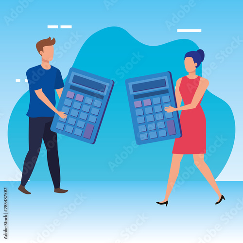 young couple with calculators characters