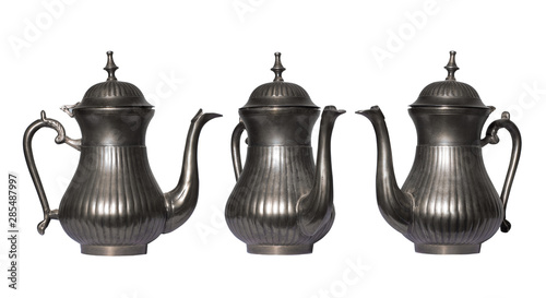 Set of vintage granny`s, antique tea, coffee pot, isolated on white background