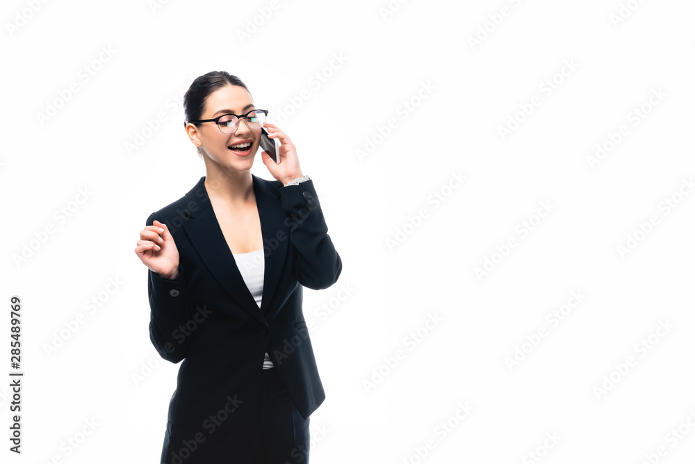 cheerful young businesswoman talking on smartphone isolated on white cheerful young businesswoman talking on smartphone isolated on white