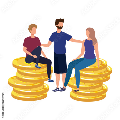 group of people with coins money dollars characters