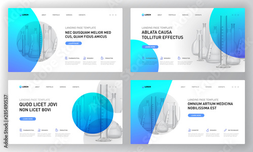 Pharmaceutical landing pages templates set. Medical web page design concept layout for website. Vector illustration. Horizontal brochure cover, web banner, website slide, powerpoint presentation.