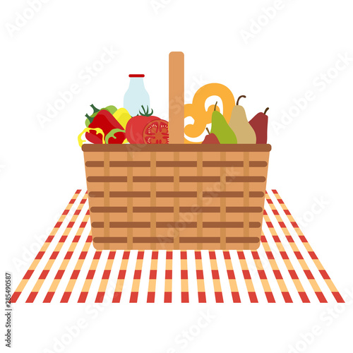 Vector. Wicker picnic basket, food, drink