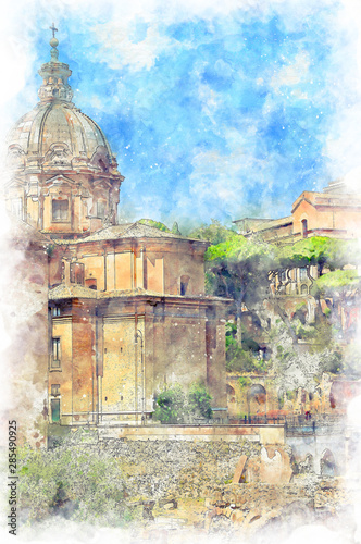 Digital illustration in watercolor style of Mamertine Prison from Via dei Fori Imperiali street, Rome, Italy, summer 2018 photo