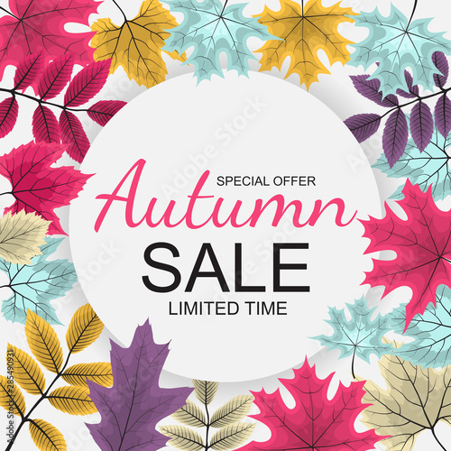 Abstract Vector Illustration Autumn Sale Background with Falling Autumn Leaves