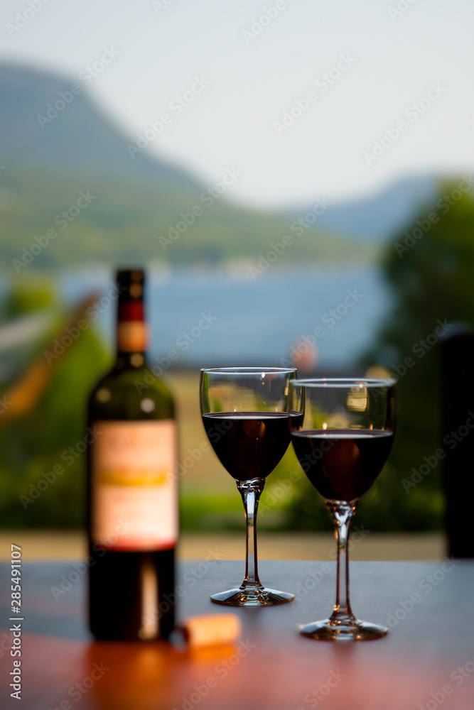 Red wine and glasses with a view still life.