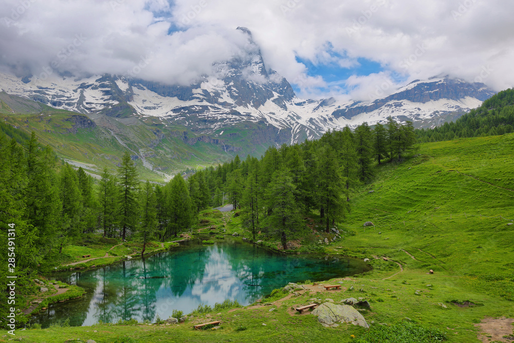 Summer alpine landscape on the Blue Lake (Lago Blu) near Breuil-Cervinia, Aosta Valley, Italy