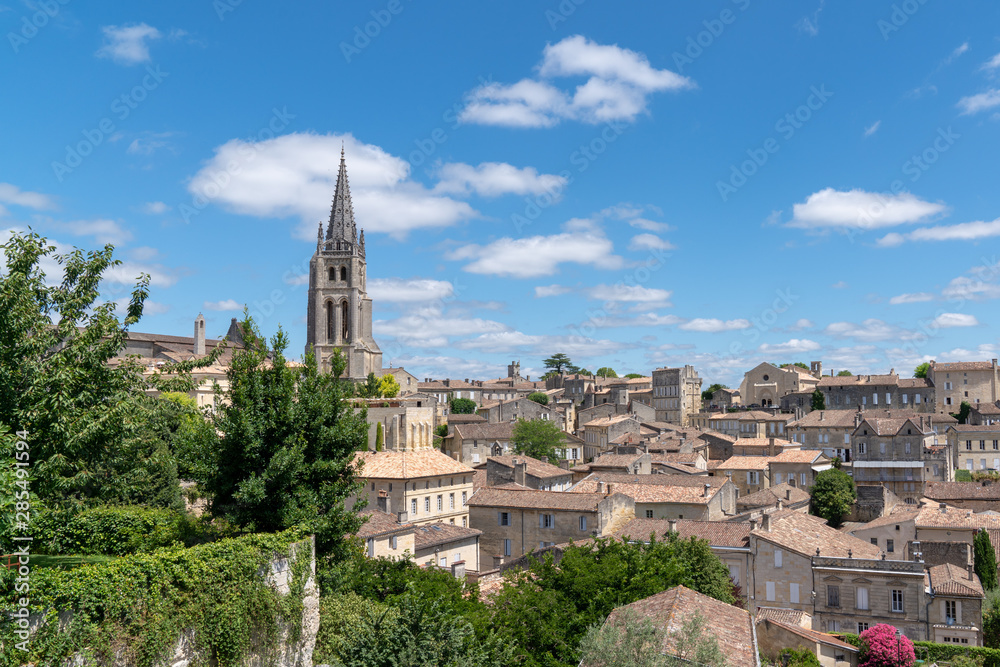 hilltop town of Saint-Emilion near Bordeaux surrounded by vineyards in France