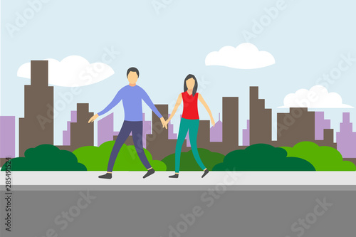 Couple People walking in the city street. sidewalk and skyline. Vector Design