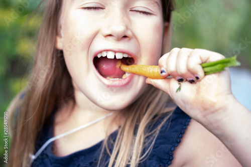 Girl eating carrot. Child face closeup. Healthy, organic food. Fresh ripe vegetable. Summertime, spring sweet treat. Eco quick snack. Natural handpicked tasty food. Vegetarian and vegan diet