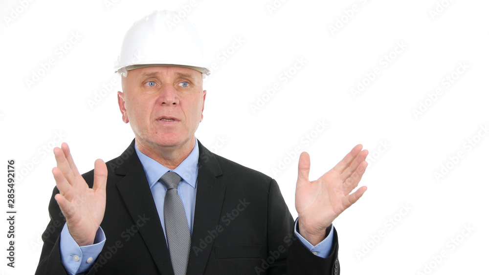 Image with Engineer Talking and Gesturing in a Business Meeting