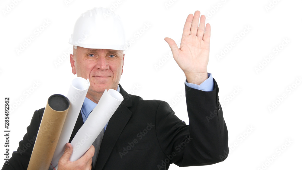 Image with Engineer Smiling and Making a Hello Hand Gestures Image with Engineer Smiling and Making a Hello Hand Gestures