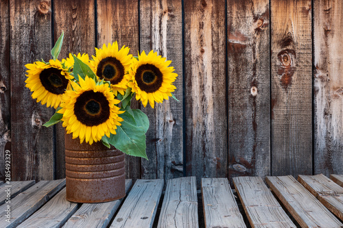 A rusty can filled with a bouquet of sunflowers on a rustic wooden plank table with space for copy. © Mary Lynn Strand