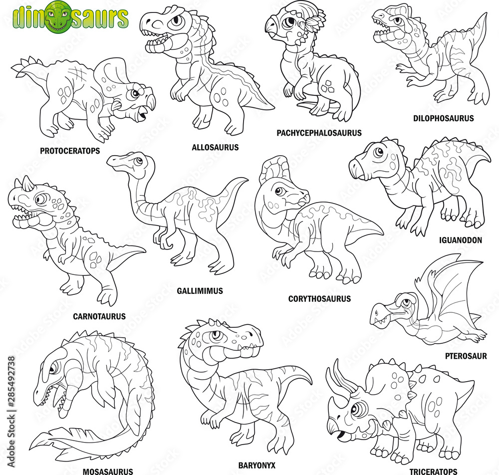 cartoon cute prehistoric dinosaurs, coloring book, image set