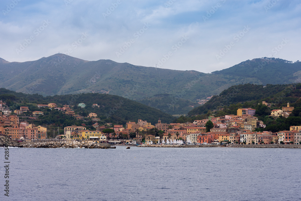 panoramic view of Rio Marina while arriving by ferry to the island of Elba