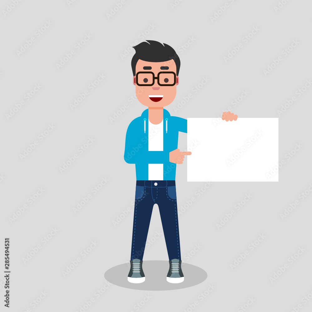 Young man in jeans and sweatshirt is holding a blank sheet and pointing to it. Boy holding empty sign with place for text. Advertising, promotion, attention, concept.Vector illustration,flat style. Young man in jeans and sweatshirt is holding a blank sheet and pointing to it. Boy holding empty sign with place for text. Advertising, promotion, attention, concept.Vector illustration,flat style.