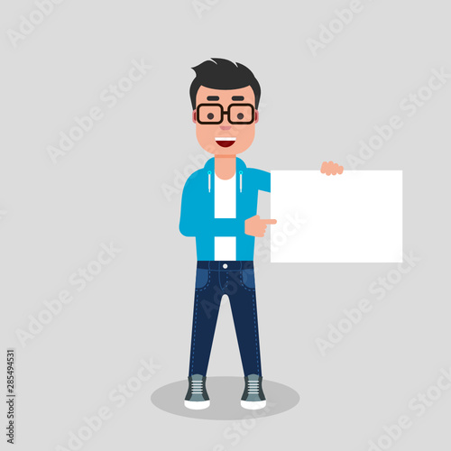 Young man in jeans and sweatshirt is holding a blank sheet and pointing to it. Boy holding empty sign with place for text. Advertising, promotion, attention, concept.Vector illustration,flat style. 