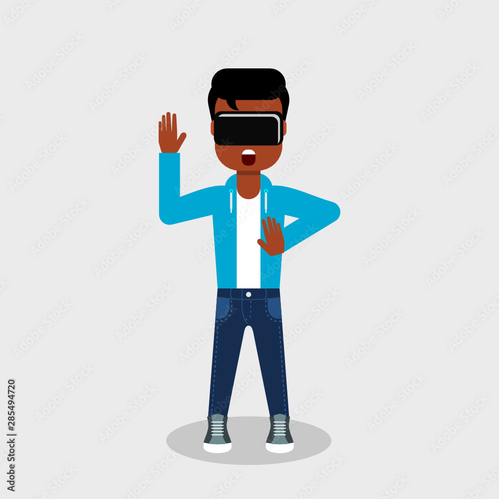 Young African American in jeans and sweatshirt is looking through virtual reality glasses looking scared. Boy using augmented reality device. Vector illustration, flat style