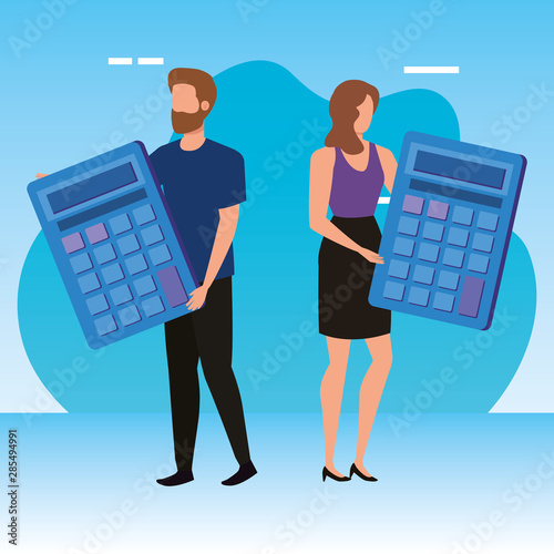 young couple with calculators characters