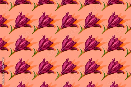 Pink lilies on orange background trend flat lay concept with fashionable toning. Many flowers pattern