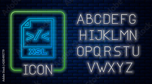 Glowing neon XSL file document. Download xsl button icon isolated on brick wall background. Excel file symbol. Neon light alphabet. Vector Illustration photo