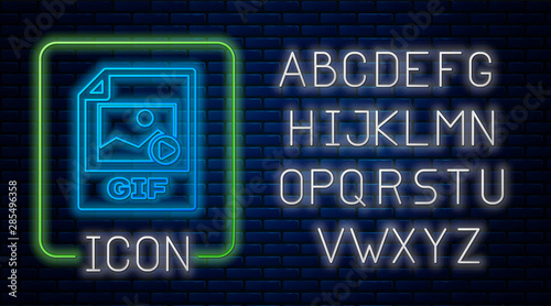 Glowing neon GIF file document. Download gif button icon isolated on brick wall background. GIF file symbol. Neon light alphabet. Vector Illustration