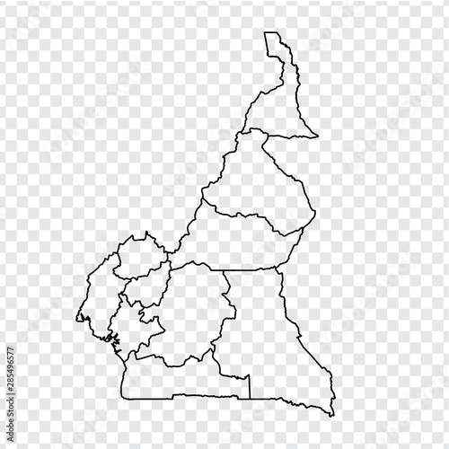 Blank map Republic of Cameroon. High quality map of  Cameroon with provinces on transparent background for your web site design, logo, app, UI. Stock vector.  EPS10. 