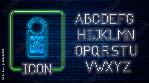 Glowing neon Please do not disturb icon isolated on brick wall background. Hotel Door Hanger Tags. Neon light alphabet. Vector Illustration