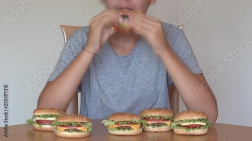 Teenage girl eating burger, Unhealthy eating, Timelapse