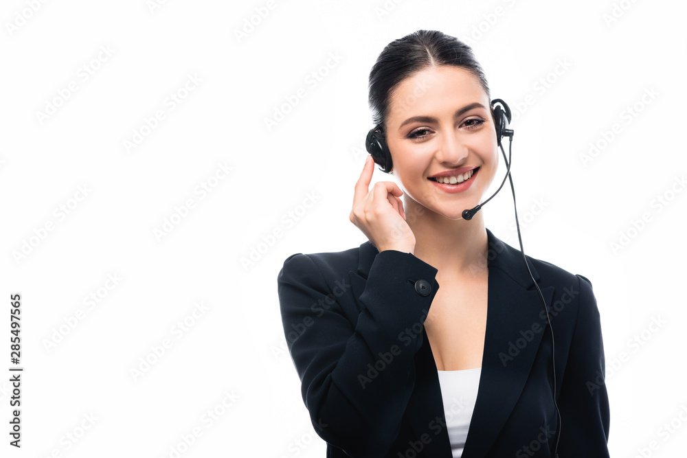 beautiful call center operator in headset smiling at camera isolated on white beautiful call center operator in headset smiling at camera isolated on white