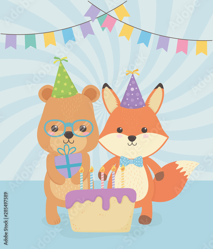 Fototapeta Naklejka Na Ścianę i Meble -  birthday card with little animals characters