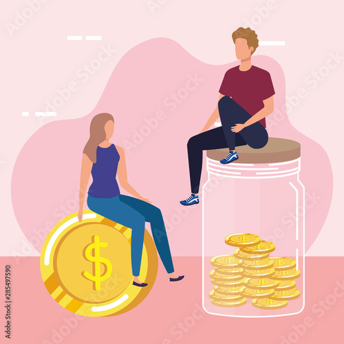 young couple with coins money in mason jar