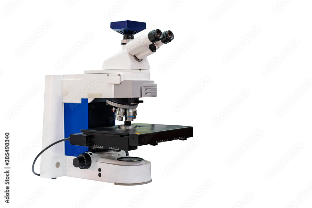 modern & high accuracy microscope during sample or specimen inspection for quality control in industrial metallurgy electronic science etc of laboratory isolated on white with clipping path