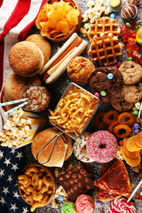 Unhealthy products. food bad for figure, skin, heart and teeth.