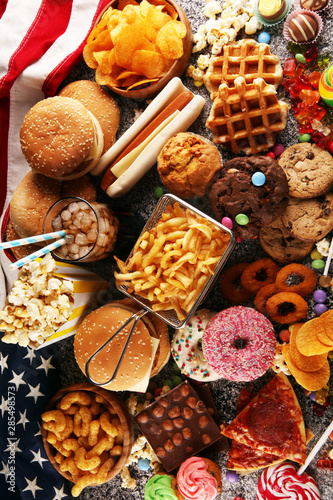 Unhealthy products. food bad for figure, skin, heart and teeth.