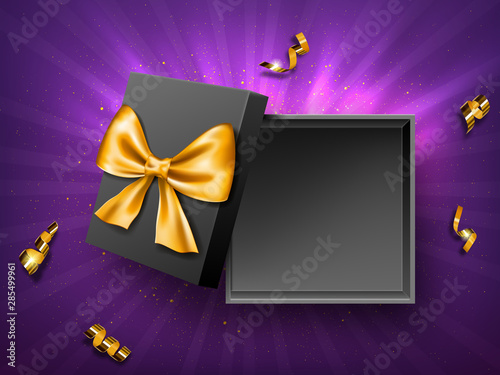 Open gift black box with golden ribbon bow top view realistic vector. Empty present box on purple background with gold confetti or spiral twisted tinsel., birthday, New Year or Christmas design