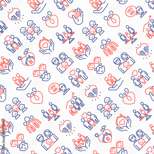 Child adoption seamless pattern with thin line icons: adoptive parents, helping hand, orphan, home care, LGBT couple with child, custody, cargivers, happy kid. Modern vector illustration.