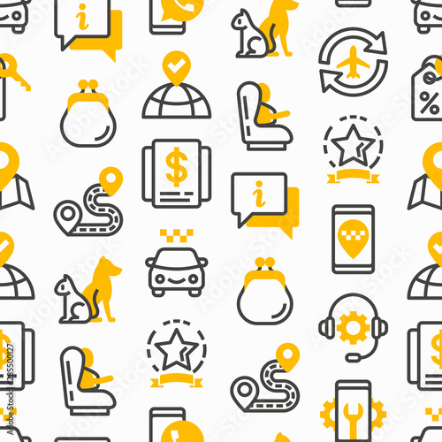Taxi app seamless pattern with thin line icons: payment method, promocode, app settings, info, support service, phone number, location, destination, airport transfer, baby seat. Vector illustration.