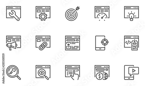SEO vector line icons set. Search engine optimization, target audience attraction, getting indexed, increasing prominence. 48x48 Pixel Perfect.