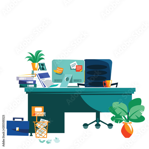 Office interior isolated on white background cartoon vector illustration. Workplace with table, computer, armchair, task cards glued to monitor, coffee cup and potted plant, wastepaper basket on floor
