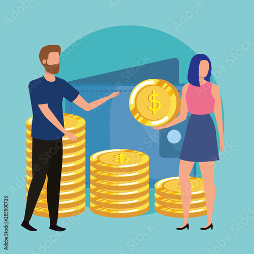 young couple with coins money avatars characters