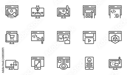Web development and web design vector line icons set. User interface design, web page programming, responsive design. 48x48 Pixel Perfect.
