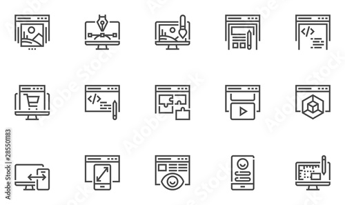 Web development and web design vector line icons set. User interface design, web page programming, responsive design. 48x48 Pixel Perfect.